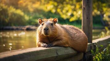 A capybara resting on a wooden railing by a serene water body in a natural setting. photo