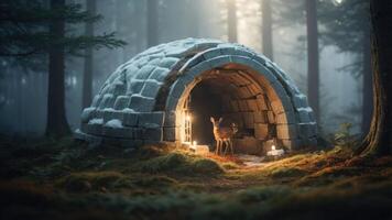 A serene forest scene featuring an igloo-like structure with a deer nearby. photo