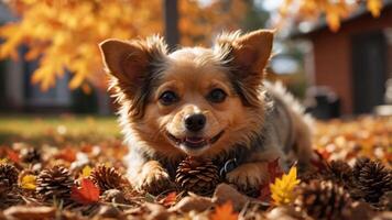 A cheerful dog lying among autumn leaves and pine cones in a vibrant outdoor setting. photo