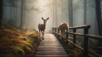 A serene forest scene with two deer on a wooden path surrounded by mist and trees. photo
