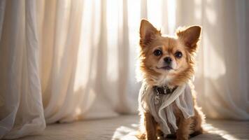 A small, fluffy dog sits elegantly in soft light with sheer curtains in the background. photo
