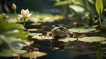 A serene frog resting on lily pads near a blooming lotus in a tranquil pond. photo