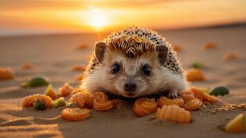 A hedgehog surrounded by colorful snacks on a sandy beach at sunset. photo