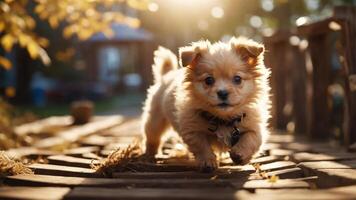 A playful puppy running on a wooden path, illuminated by warm sunlight. photo