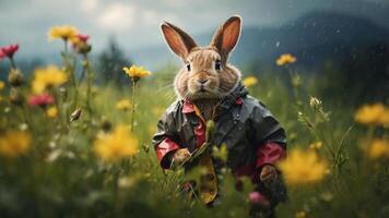 A whimsical rabbit in a raincoat stands in a colorful flower field under a cloudy sky. photo