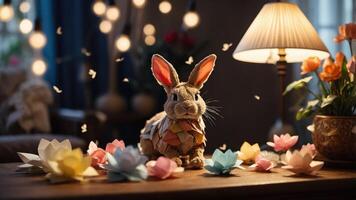 A whimsical paper rabbit surrounded by colorful flowers and soft lighting. photo