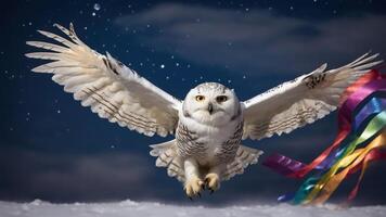 A snowy owl in flight with colorful ribbons against a wintery background. photo