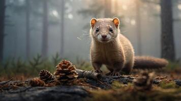 A marten stands in a misty forest, surrounded by pine cones and soft sunlight. photo