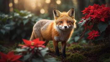 A fox stands among vibrant poinsettias in a serene forest setting. photo