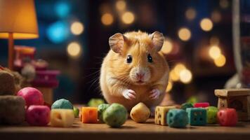 A cute hamster surrounded by colorful treats in a cozy setting. photo