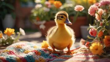 A cute yellow duckling stands on a colorful blanket surrounded by vibrant flowers. photo