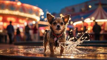 A small dog splashes playfully in a fountain at a vibrant carnival setting. photo