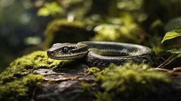 A close-up of a snake resting on mossy rocks in a lush environment. photo