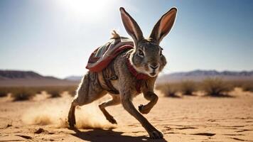 A rabbit with a saddle runs through a desert landscape, showcasing a whimsical adventure theme. photo