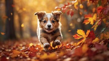 A playful puppy runs through a colorful autumn landscape filled with falling leaves. photo