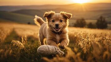 A playful puppy running through a golden field at sunset, capturing joy and nature's beauty. photo