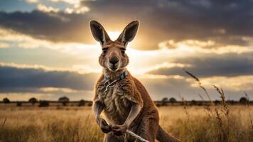 A kangaroo stands in a field during sunset, showcasing its features against a dramatic sky. photo