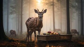 A deer stands beside a basket of fruits in a misty forest, creating a serene atmosphere. photo
