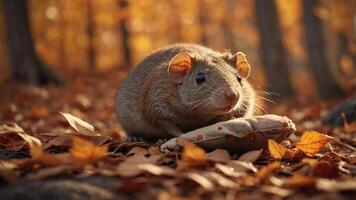 A close-up of a rodent in a forest during autumn, surrounded by fallen leaves. photo
