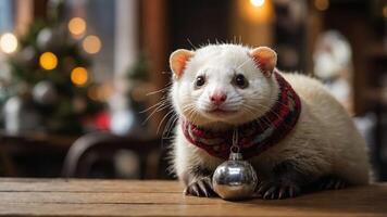A cute ferret wearing a collar with a bell, resting on a wooden table in a cozy setting. photo