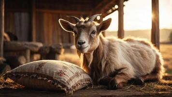 A goat resting on a decorative pillow in a rustic barn setting during sunset. photo
