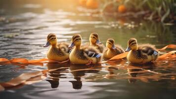 A group of ducklings swimming in a serene pond with orange ribbons. photo