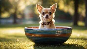 A Chihuahua sits playfully in a colorful bowl on a sunny day in a grassy area. photo