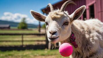 A close-up of a goat with a pink ball in a rural setting. photo