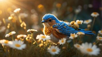 A vibrant bluebird perched among daisies, illuminated by soft sunlight. photo