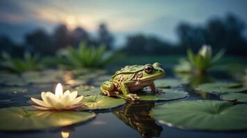 A frog perched on lily pads beside a glowing water lily at dusk. photo