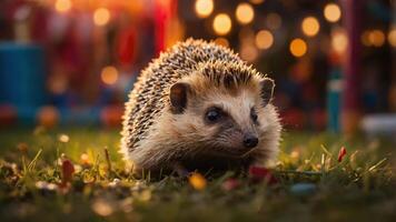 A cute hedgehog exploring a colorful outdoor setting with blurred lights in the background. photo