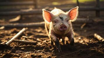 A playful piglet running in a sunlit, earthy farm setting. photo