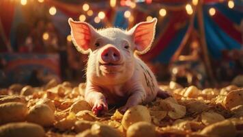 A cheerful pig resting on a bed of potatoes in a festive carnival setting. photo