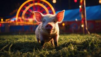 A playful piglet stands in a grassy field with a colorful carnival in the background. photo