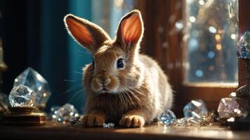 A cute rabbit rests among sparkling crystals near a window, illuminated by soft light. photo