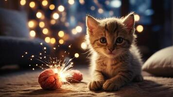 A playful kitten sits beside a sparkler, creating a warm, festive atmosphere. photo