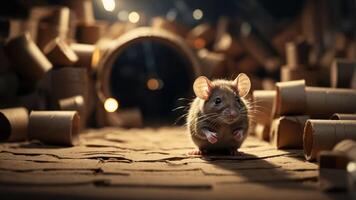 A close-up of a mouse in a cardboard setting, surrounded by tubes and soft lighting. photo