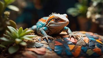 A colorful lizard resting on a textured surface surrounded by greenery. photo