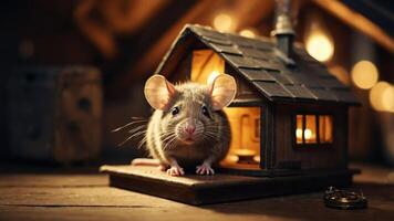 A cute mouse stands in front of a miniature house, creating a whimsical atmosphere. photo