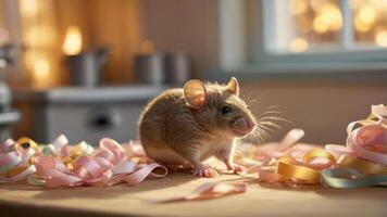 A cute mouse surrounded by colorful ribbons in a cozy setting. photo