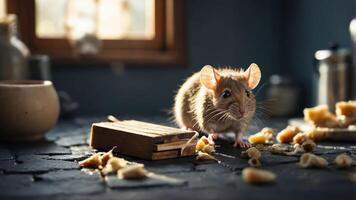 A mouse scavenges near a wooden trap, surrounded by scattered food remnants. photo
