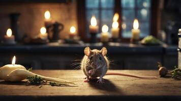 A mouse sits on a wooden table surrounded by candles and vegetables in a cozy kitchen setting. photo