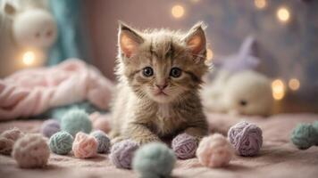 A cute kitten surrounded by colorful yarn balls on a soft surface, creating a cozy atmosphere. photo