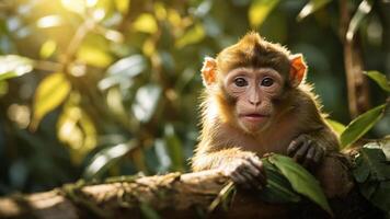 A curious monkey resting on a branch amidst lush greenery, illuminated by soft sunlight. photo