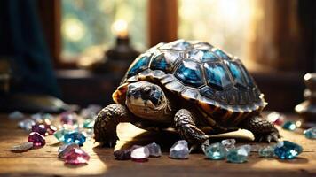 A turtle surrounded by colorful gemstones on a wooden surface, creating a whimsical scene. photo