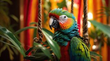 A colorful parrot perched among green leaves, showcasing vibrant feathers and a lively expression. photo