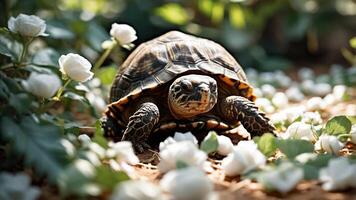 A turtle amidst white flowers and greenery in a serene outdoor setting. photo