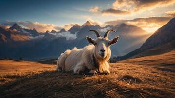A serene goat resting on a grassy field with mountains and a sunset in the background. photo
