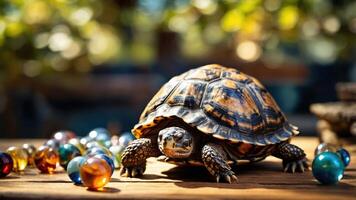 A tortoise exploring a wooden table scattered with colorful marbles in a natural setting. photo