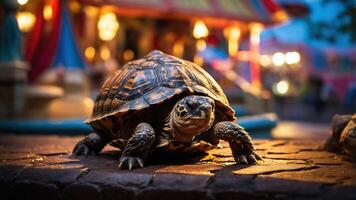 A turtle on a cobblestone path with a colorful carnival backdrop. photo